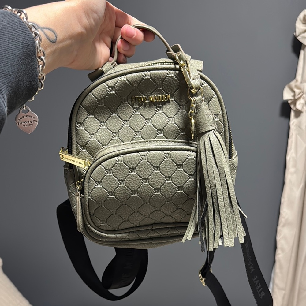 Steve Madden Olive Quilted Mini Backpack with Tassel